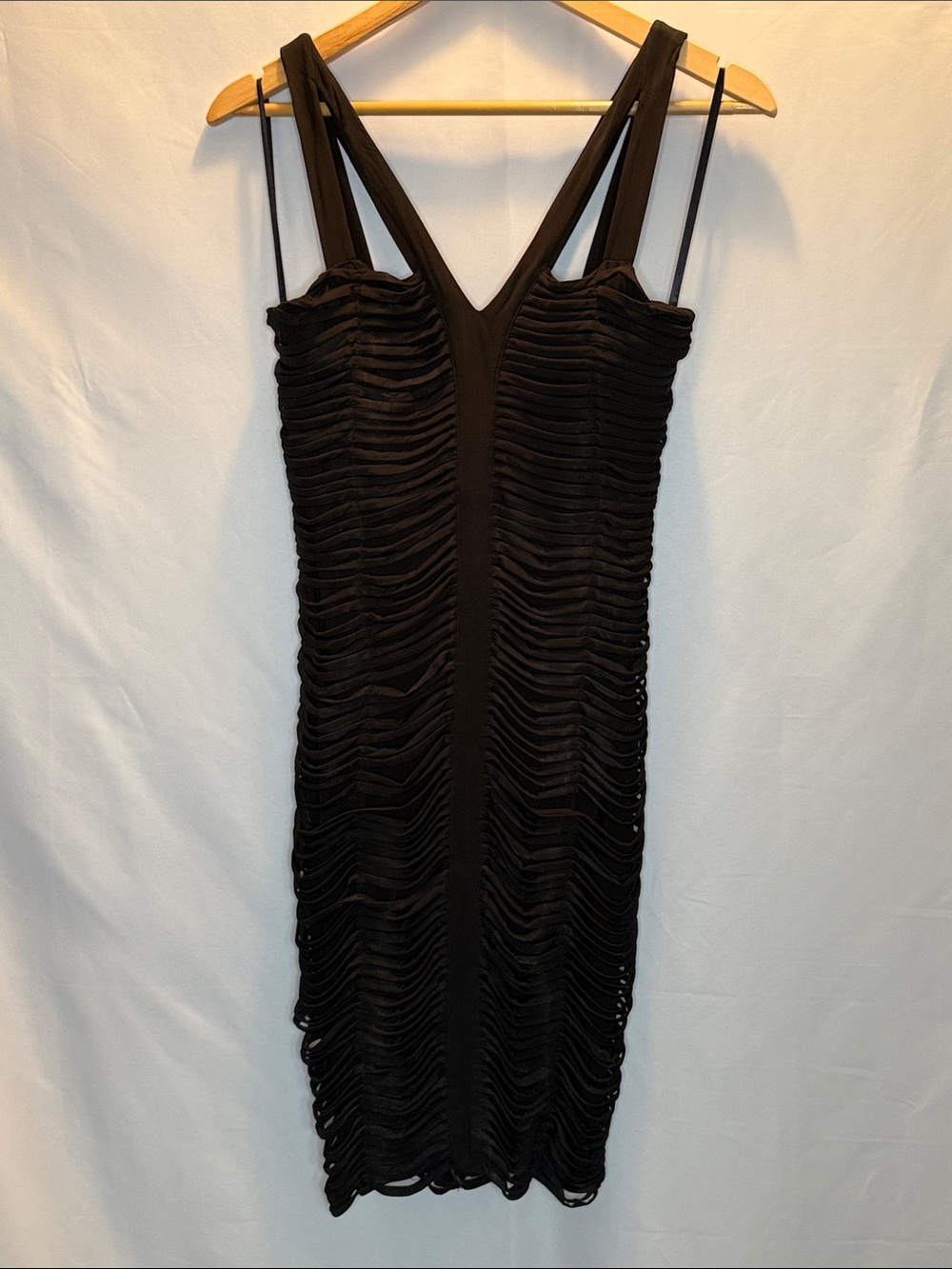 bebe Black Ruched Midi Dress with V-Neck